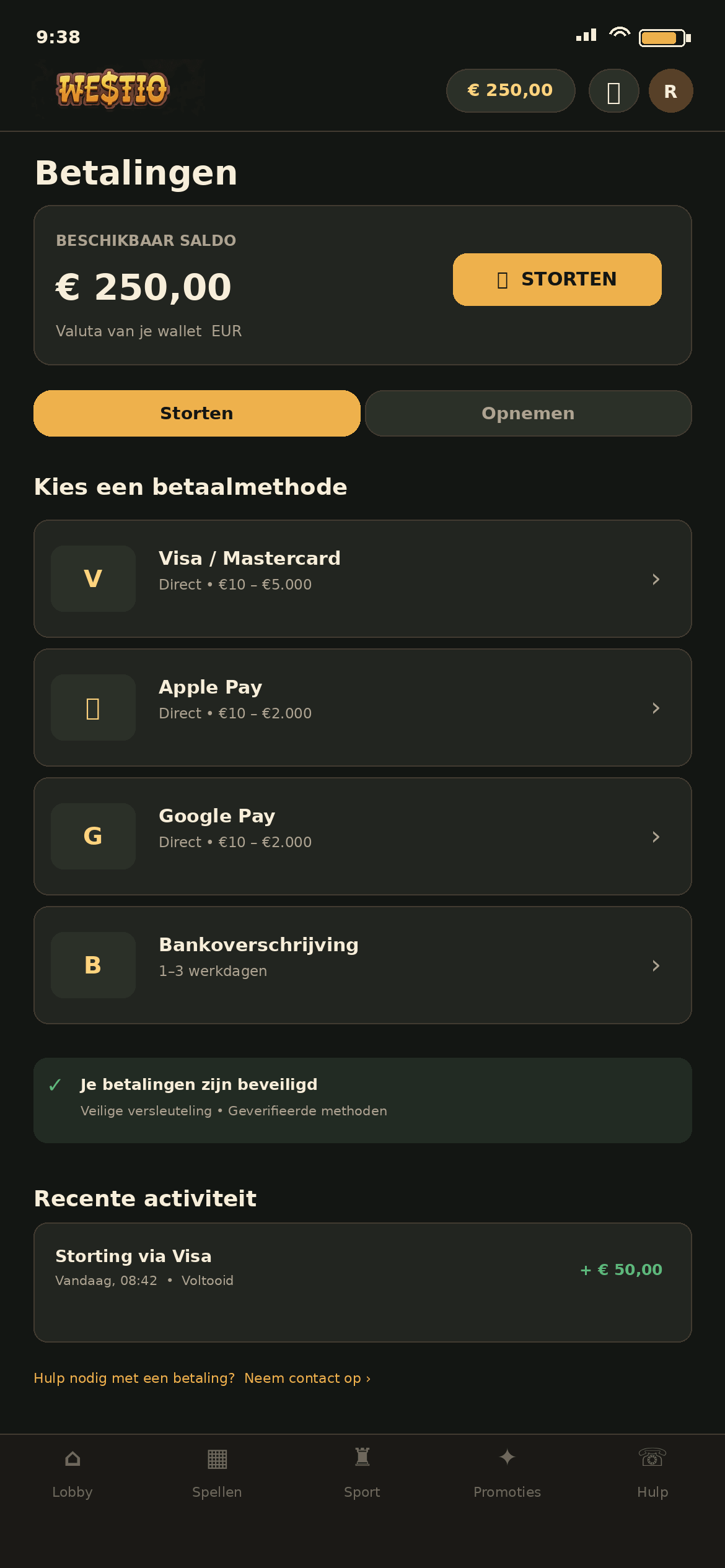 Kassa van Westio met Beschikbaar saldo € 250,00, Valuta van je wallet EUR en de knop Storten, tabbladen Storten en Opnemen, de lijst Kies een betaalmethode met Visa / Mastercard direct € 10 tot € 5.000, Apple Pay en Google Pay direct € 10 tot € 2.000 en Bankoverschrijving 1 tot 3 werkdagen, het groene blok Je betalingen zijn beveiligd, Recente activiteit met een storting via Visa van + € 50,00 en de regel Hulp nodig met een betaling